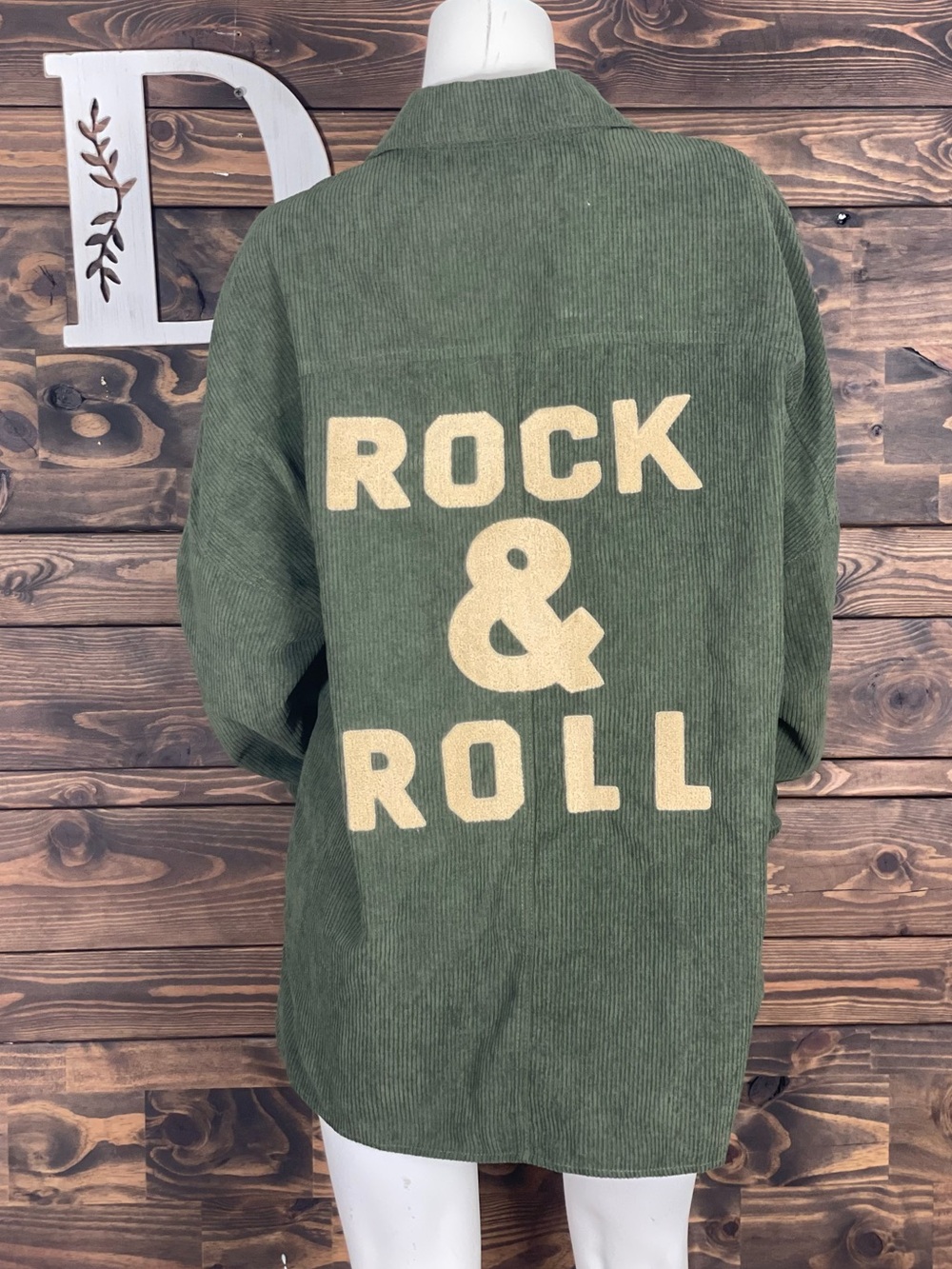 Davi & Dani | Green Corduroy Shacket ROCK & ROLL Graphic Ribbed Knit Lightweight